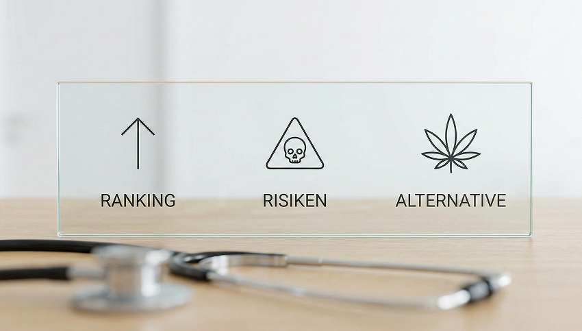 Übersicht: Schmerzmittel-Ranking, Risiken und Cannabis-Alternative Minimalistische Infografik: Ranking der stärksten Schmerzmittel, Opioid-Risiken und medizinisches Cannabis als Alternative